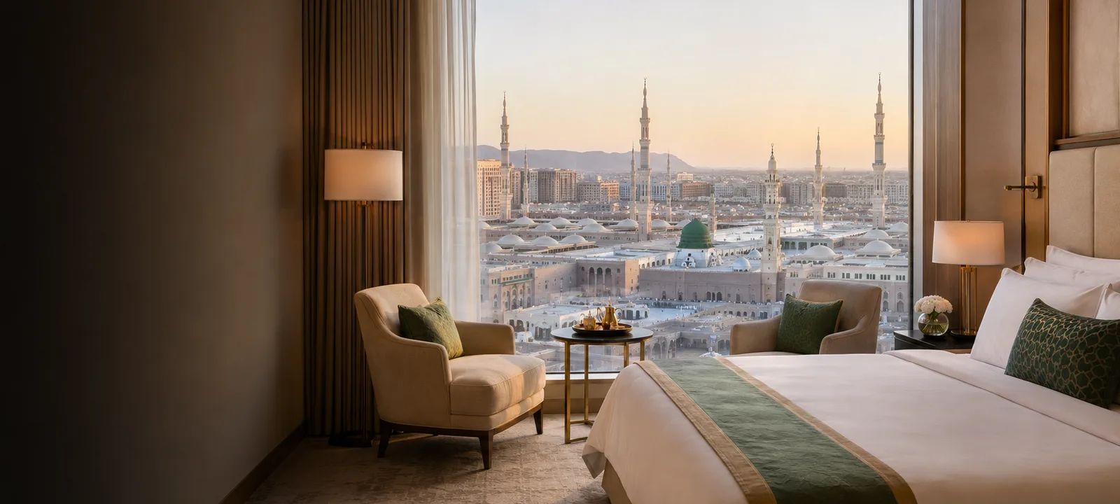 Ilustrasi kamar hotel di Madinah dengan pemandangan Masjid Nabawi