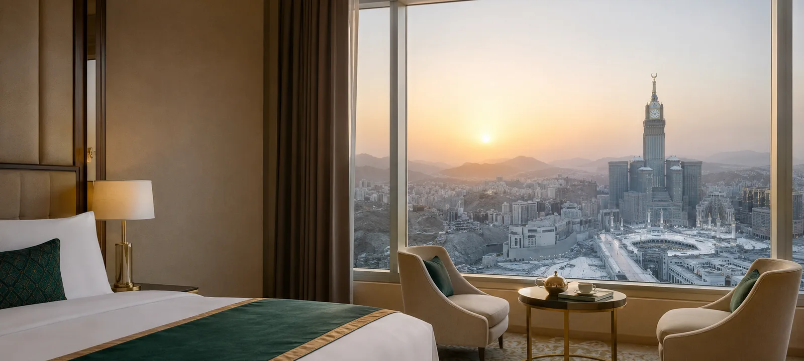 Ilustrasi kamar hotel di Makkah dengan pemandangan Masjidil Haram dan Menara Jam