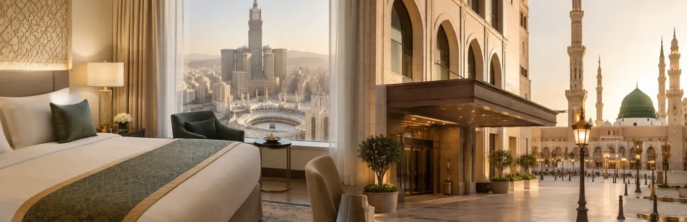 Ilustrasi kamar hotel berpemandangan Masjidil Haram dan hotel di pelataran Masjid Nabawi