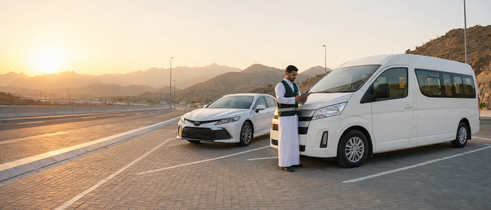 Driver with sedan & Hiace fleet on a Saudi highway at sunset