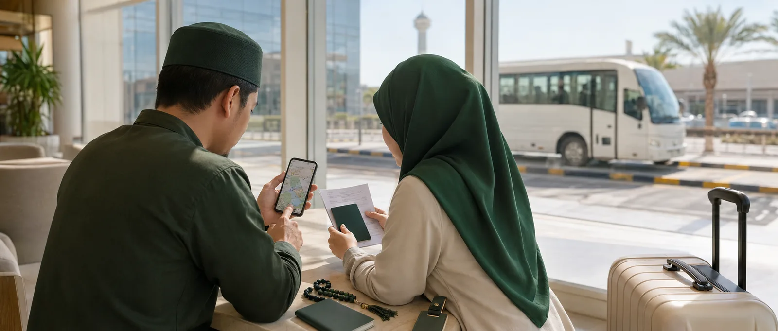 Sepasang jamaah menyiapkan dokumen & rute perjalanan umroh